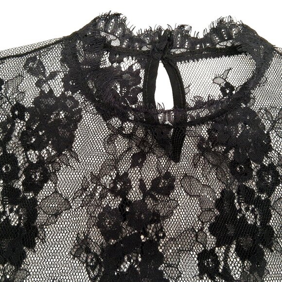 Black Sheer Floral Lace Top Mock Neck Eyelash Hem Keyhole Back Short Sleeve SZ L - Picture 3 of 8